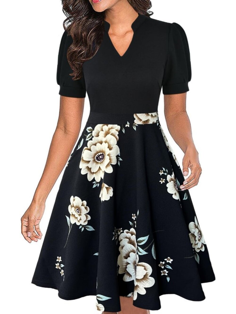 Women's Black Floral Puff Sleeve Fit & Flare Work Church Dress with Pockets
